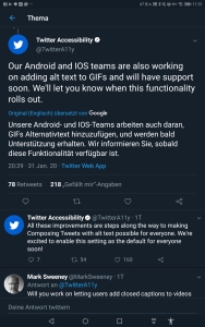 text Screenshot: Unsere Android- und IOS-Teams arbeiten auch daran, GIFs Alternativtext hinzuzufügen, und werden bald Unterstützung erhalten. Wir informieren Sie, sobald diese Funktionalität verfügbar ist.